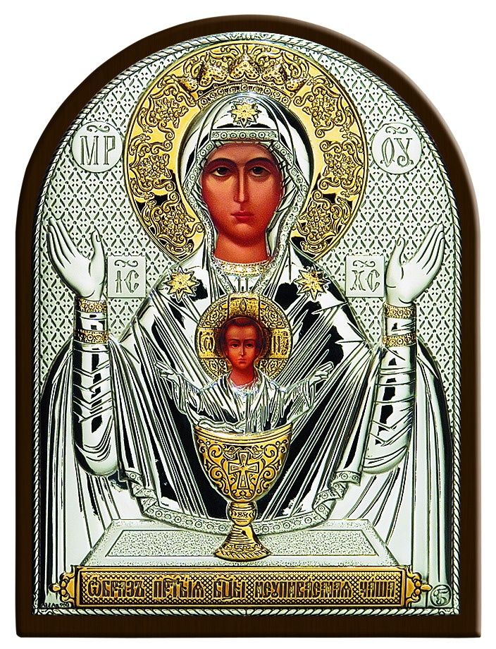 Икона образ Богородицы "Неупиваемая чаша" (серебро 960*, золочение 750*) в раме классика
