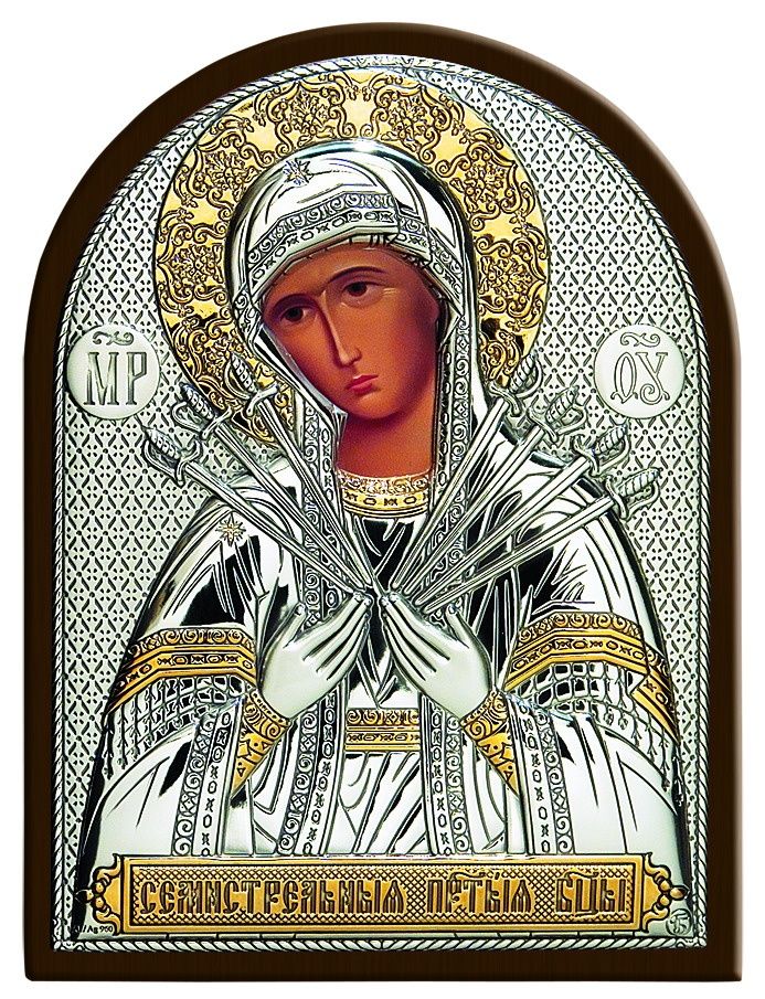 Икона образ Богородицы "Семистрельная" (серебро 960*, золочение 750*) в раме классика