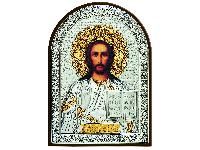 Икона Иисуса Христа Спасителя,  (серебро 960*, золочение 750*)  в рамке Классика со вставками (гранат)