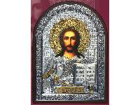 Икона Иисуса Христа Спасителя, ЮЗЛ (серебро 960*, золочение 750*) в рамке Классика со вставками из граната